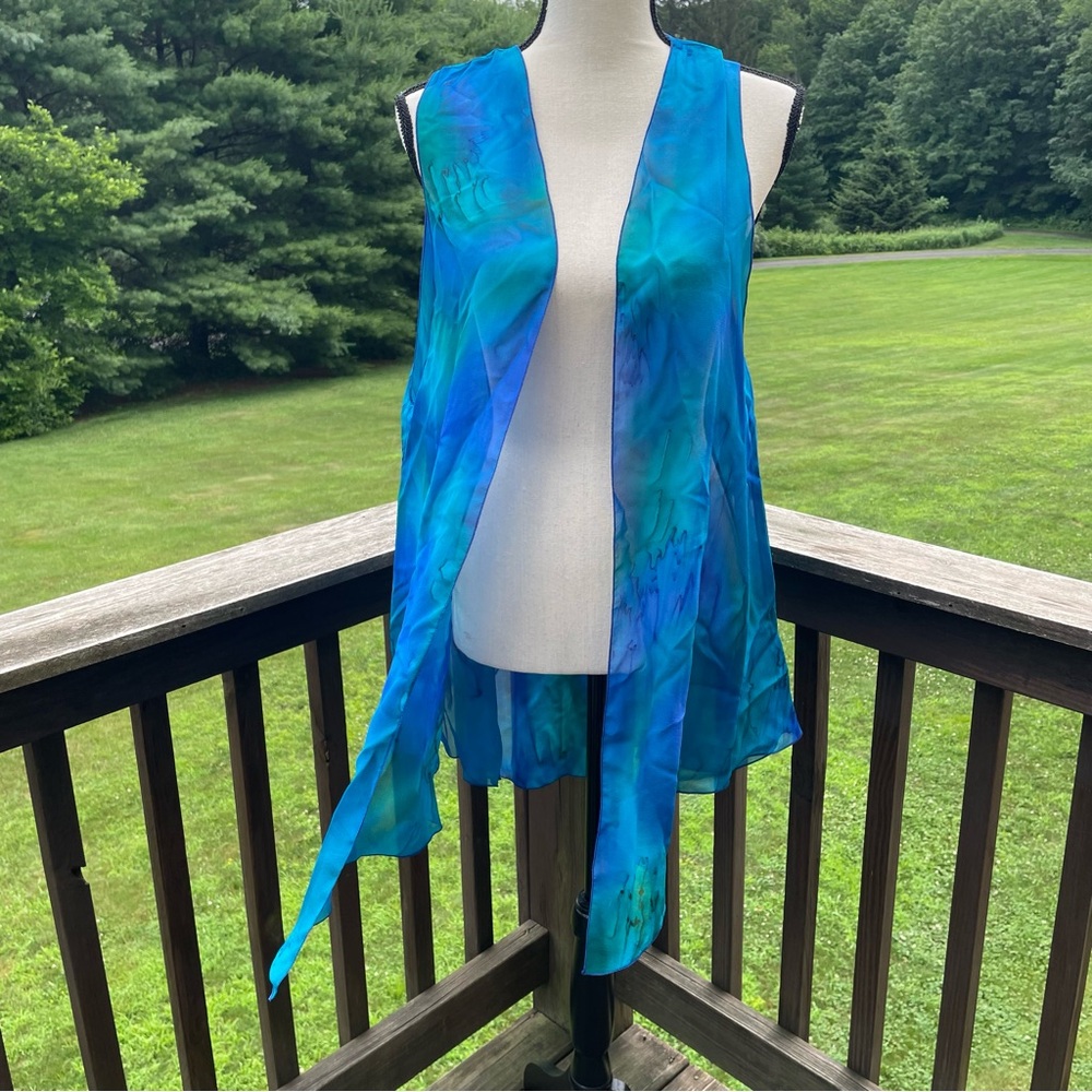 Galilee Silks swim coverup cardigan pool beach hand painted peacock blue luxury